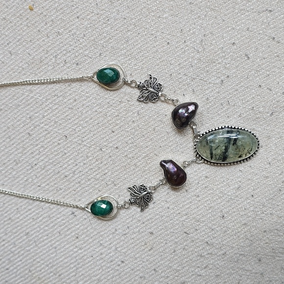 Jewelry - Rutile  quartz, Thahitian pearl, and green aventurine 925 necklace